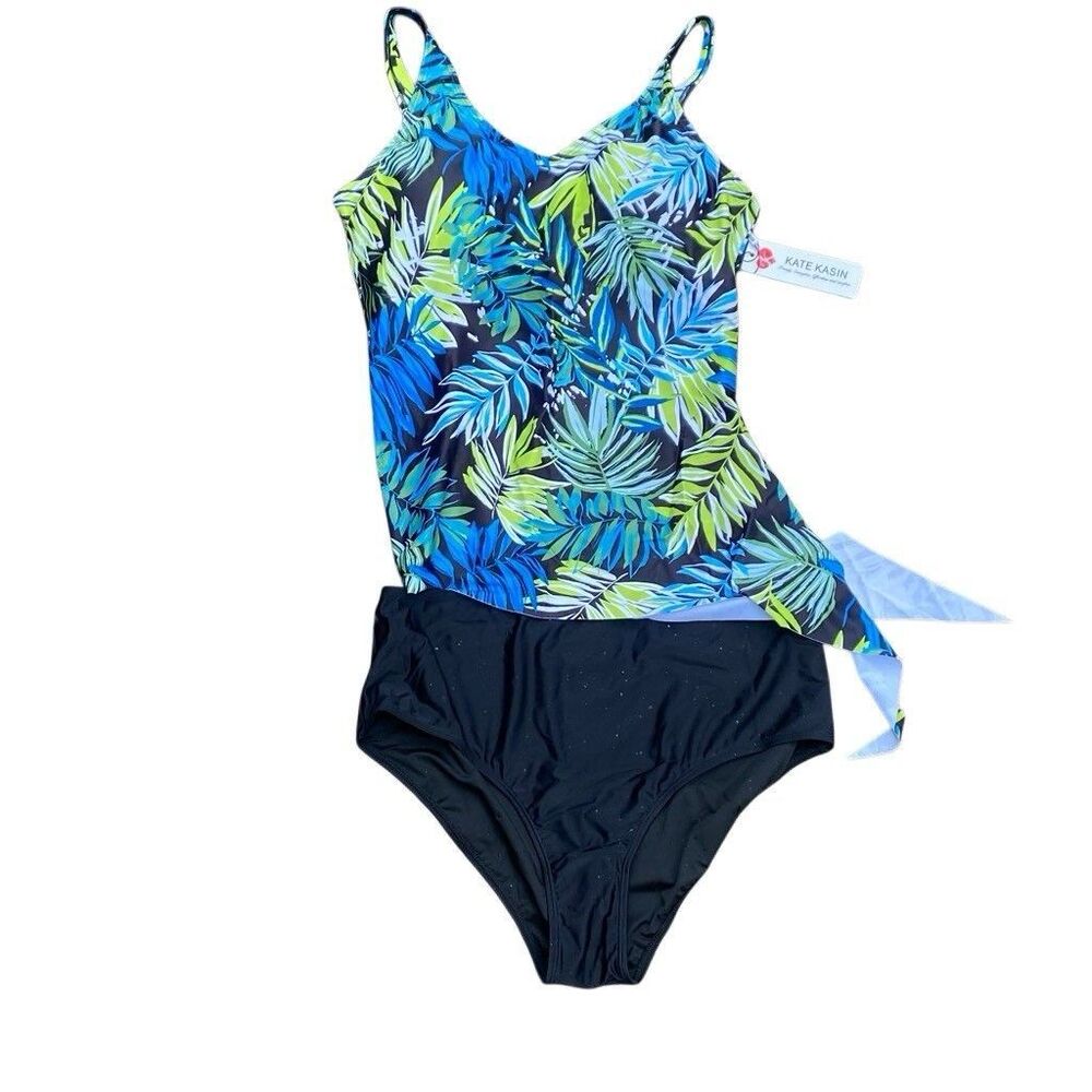 KATE KASIN Tankini Size XL Tummy Control Side Tie Tropical Blue Green NEW